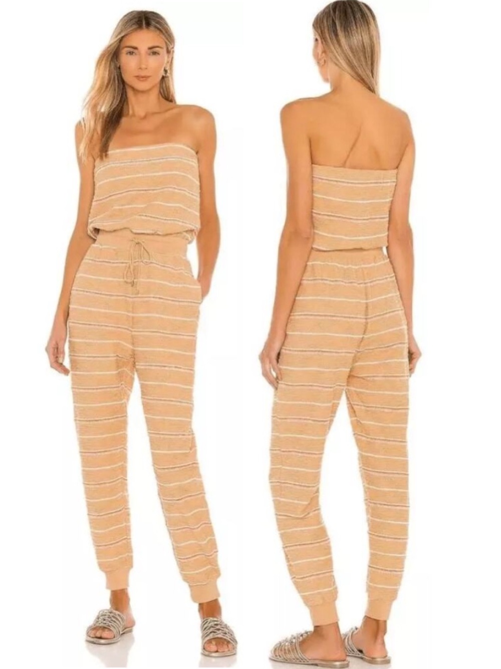 L Space Jumpsuit Tan North Shore Striped Strapless Pockets Beach Large